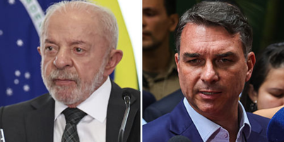 Os candidatos Luiz In&aacute;cio Lula da Silva (PT) e Fl&aacute;vio Bolsonaro (PL) Foto: Allison Sales/NurPhoto via Getty Images Mateus Bonomi/Anadolu via Getty Images