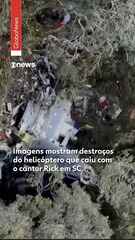 Imagens mostram destroços do helicóptero que caiu com empresário Bruno Avelar e cantor Rick em SC