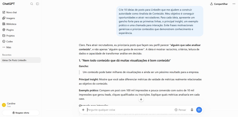 Prompt sugere ideias de posts para construir autoridade no LinkedIn — Foto: Reprodução/Caroline Silvestre