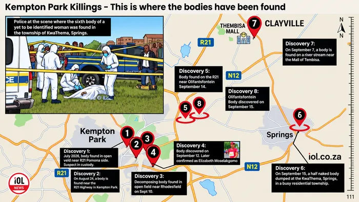 Gauteng police have discovered bodies of women in the Kempton Park suburbs of Pomona, Rhodesfield, Clayville, Olifantsfontein and Springs.