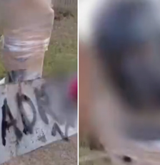 Homem apontado como 'ladrão' por moradores foi amarrado em poste, enrolado em fitas adesivas e teve o rosto pintado Foto: Reprodução