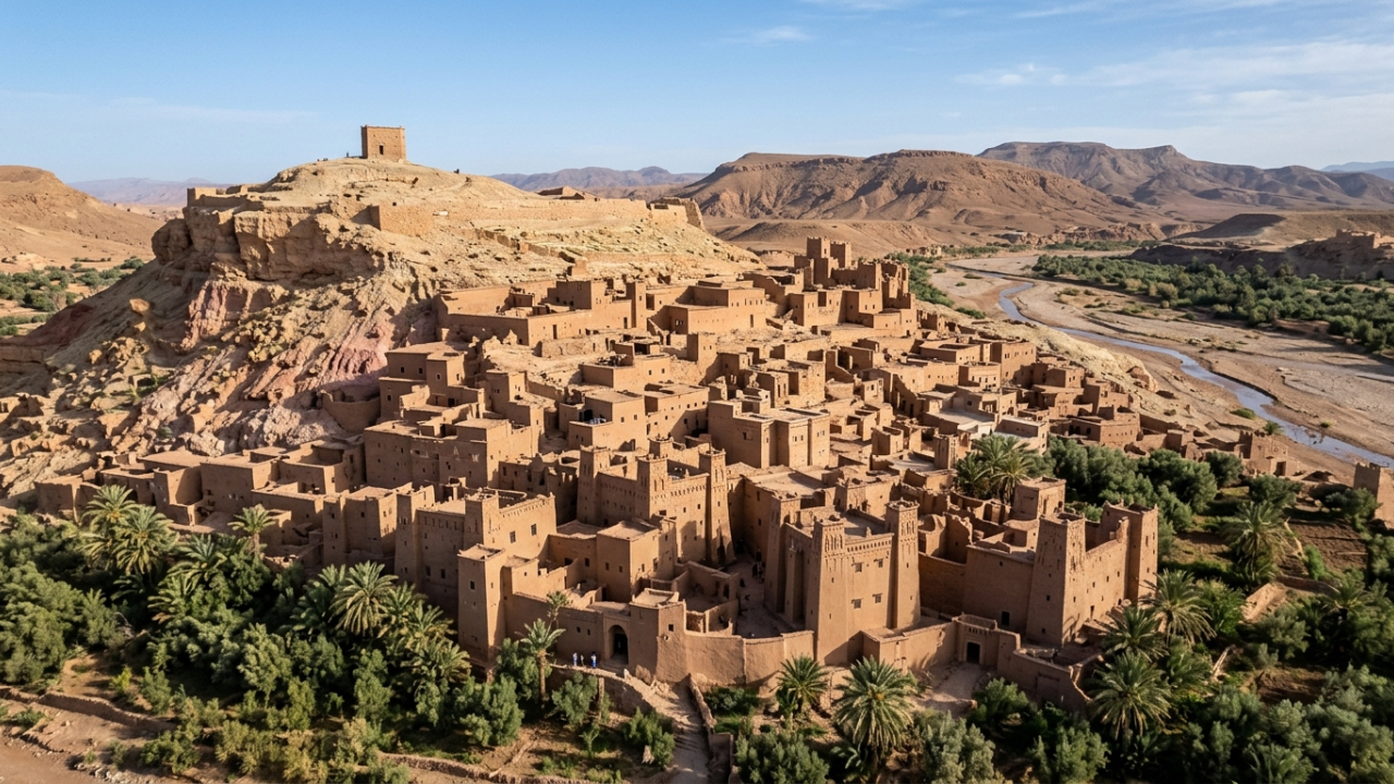 Vista do alto, um povoado de terra parece crescer da própria montanha, com casas comprimidas entre muralhas e torres no limite do deserto
